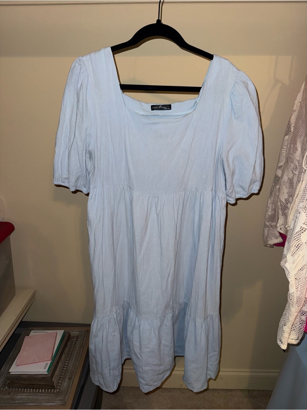 Light Blue Puff-Sleeve Midi Dress